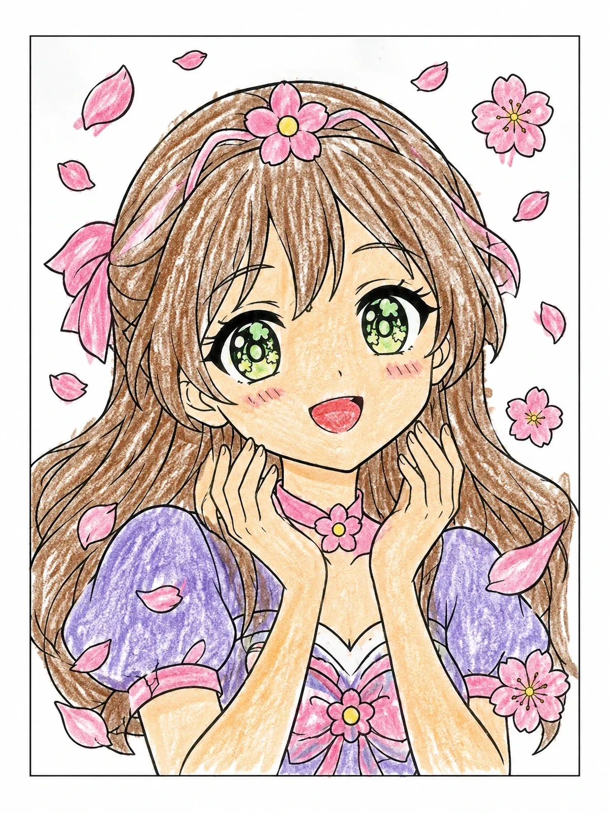 Colored example of the Cheerful Anime Girl With Sparkling Eyes coloring page