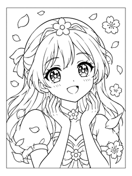 Cheerful girl with sparkling eyes on an anime eyes coloring page with cherry blossom petals.