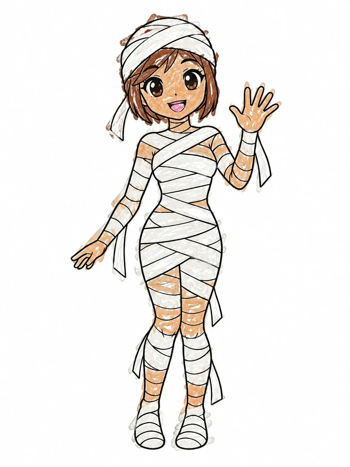Colored example of the Cheerful Anime Mummy Girl Waving coloring page