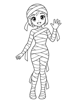 Cute anime halloween coloring page of a friendly girl wrapped in mummy bandages waving.