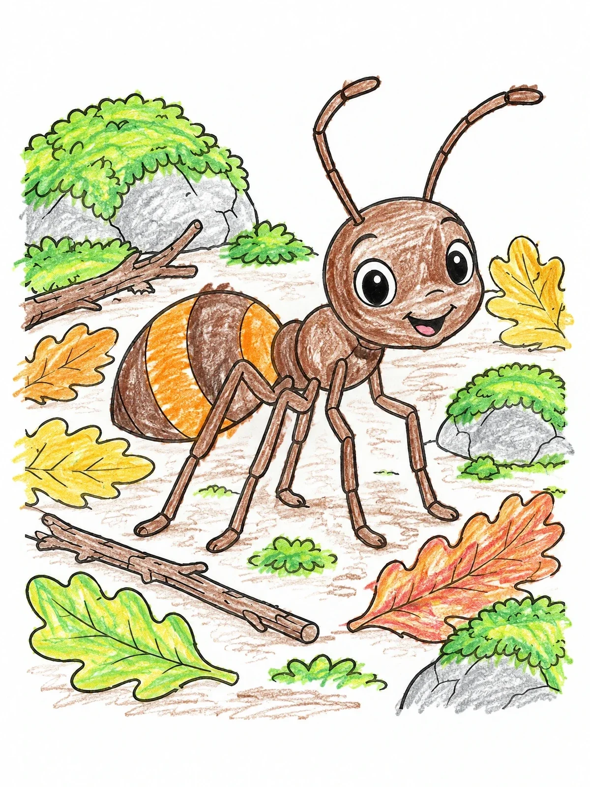 Colored example of the Cheerful Ant On The Forest Floor coloring page