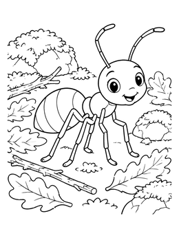 A cheerful cartoon ant coloring page crawling among oak leaves, twigs, and mossy rocks.