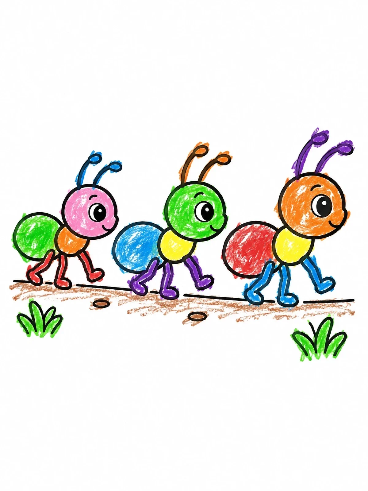 Colored example of the Three Cheerful Ants Marching Together coloring page