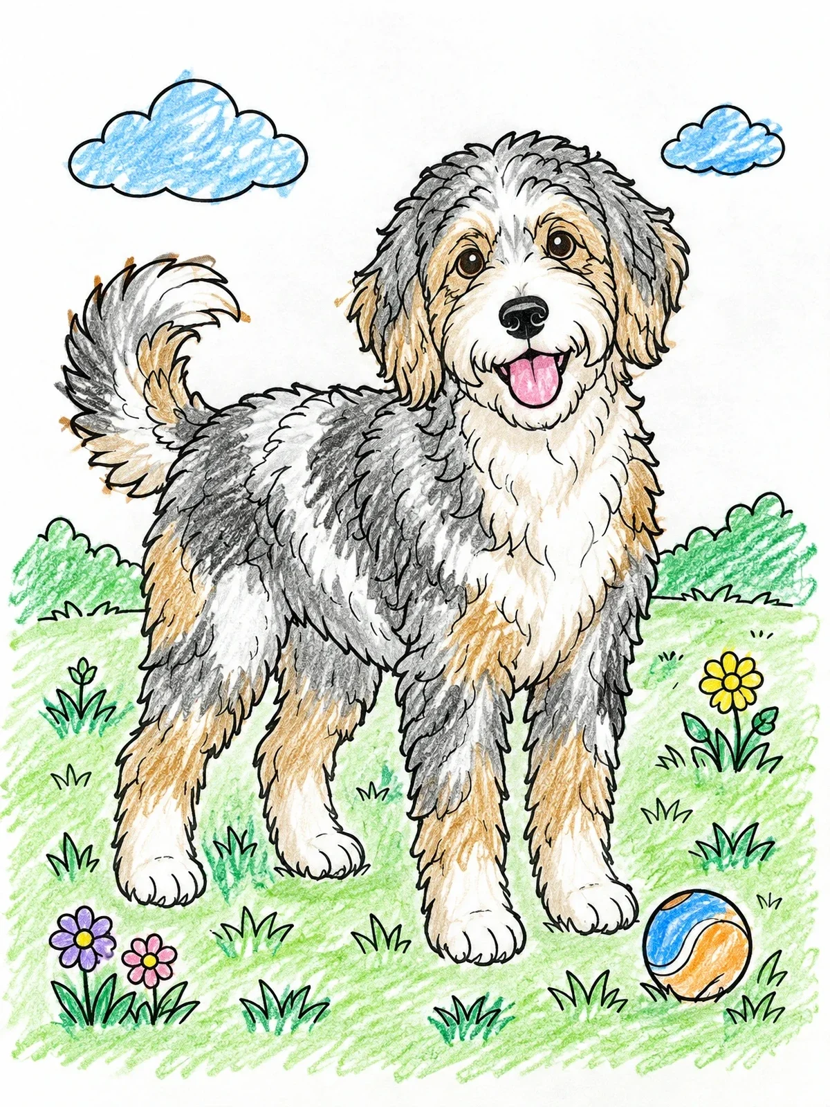 Colored example of the Cheerful Aussiedoodle In The Meadow coloring page
