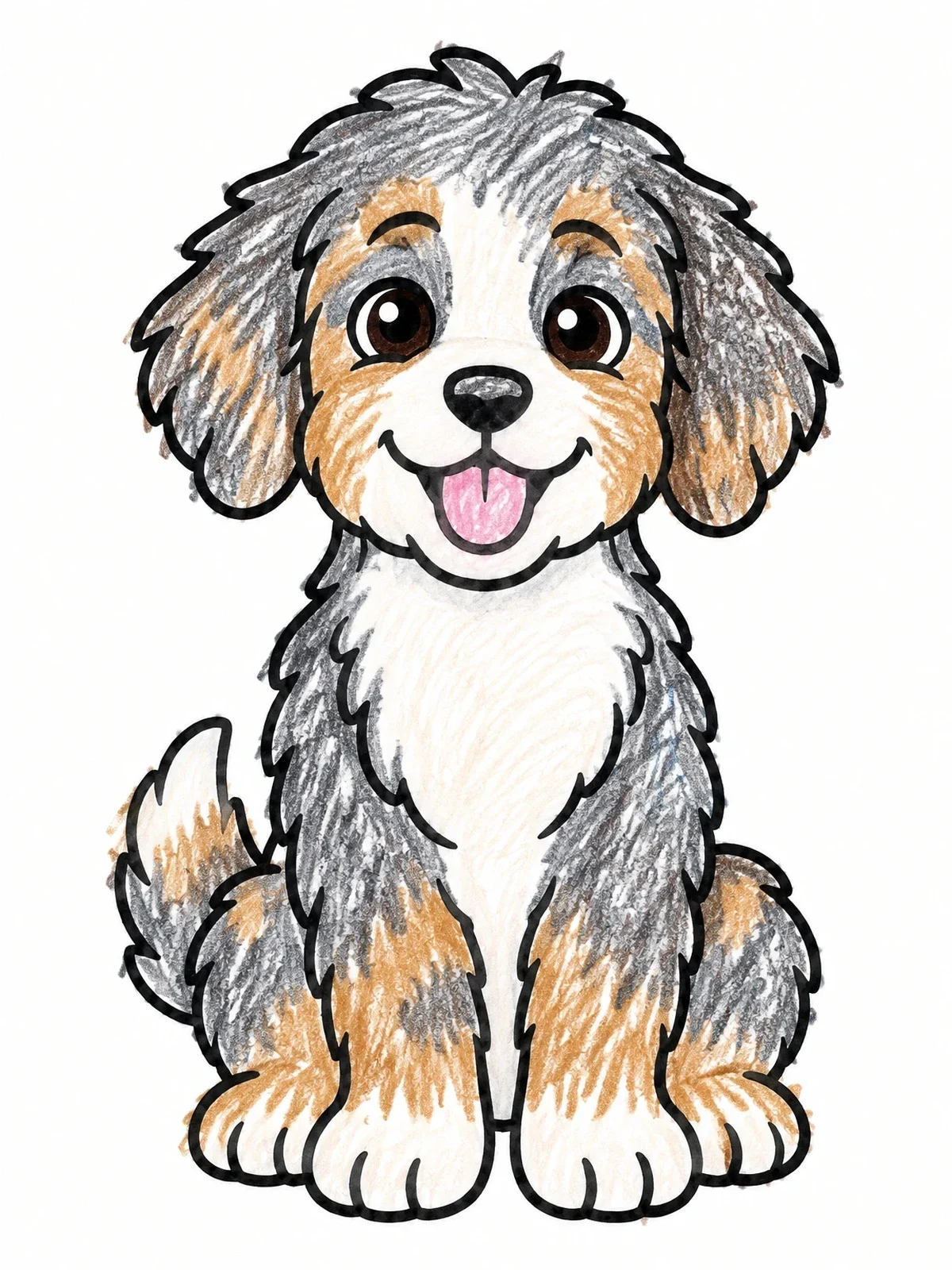 Colored example of the Cheerful Aussiedoodle Puppy Sitting Down coloring page