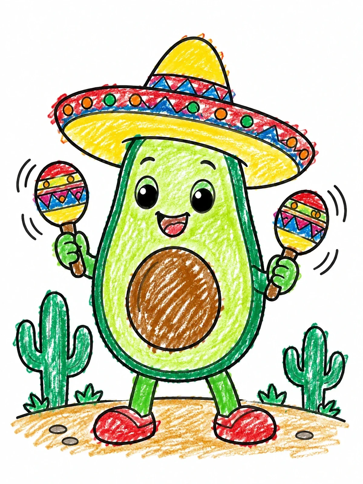 Colored example of the Cheerful Avocado With Sombrero And Maracas coloring page