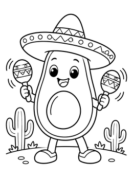 Free printable Cheerful Avocado With Sombrero And Maracas coloring page