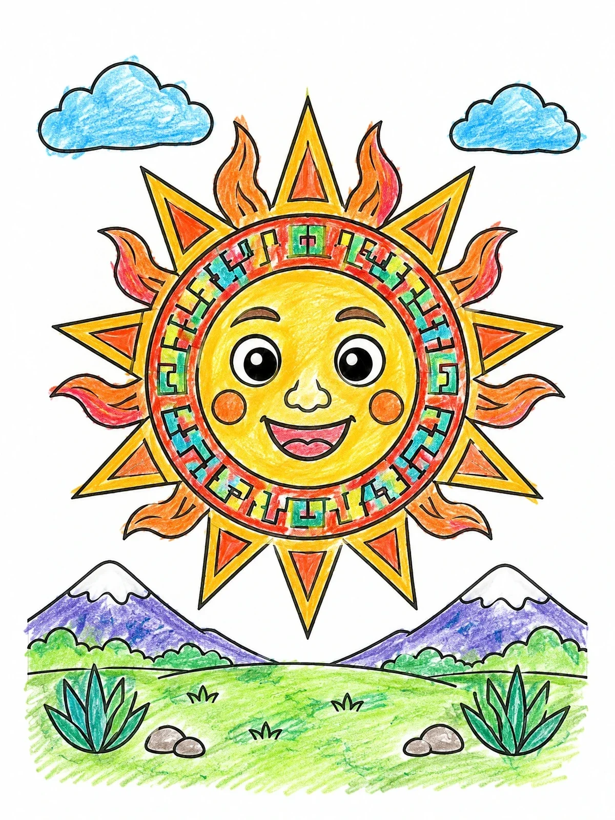 Colored example of the Cheerful Aztec Sun Over Mountains coloring page