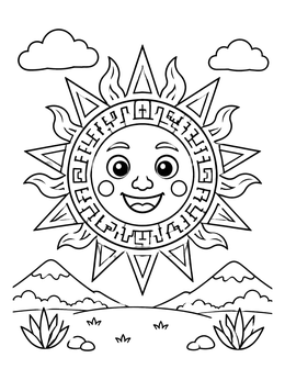 Free printable Cheerful Aztec Sun Over Mountains coloring page