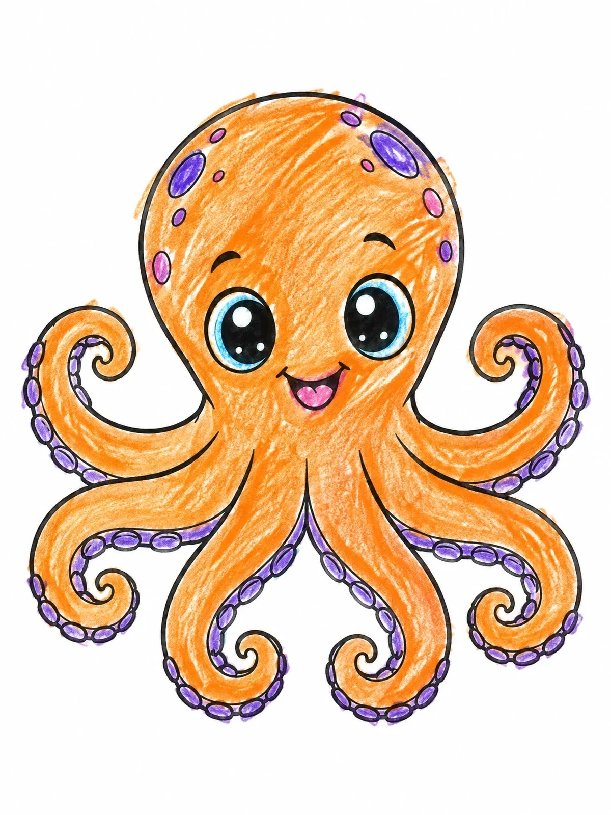 Colored example of the Cheerful Baby Octopus With Curled Tentacles coloring page