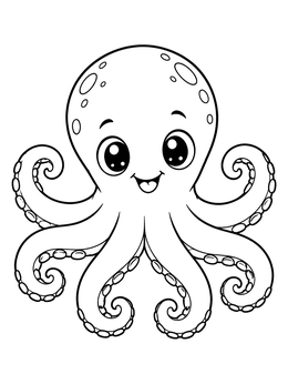 A cute smiling baby octopus coloring page with large eyes and wavy tentacles.