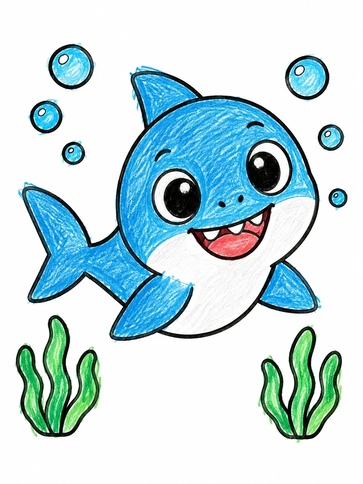Colored example of the Cheerful Baby Shark Swimming Underwater coloring page