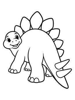 A cheerful cartoon stegosaurus coloring page with bold outlines for kids.