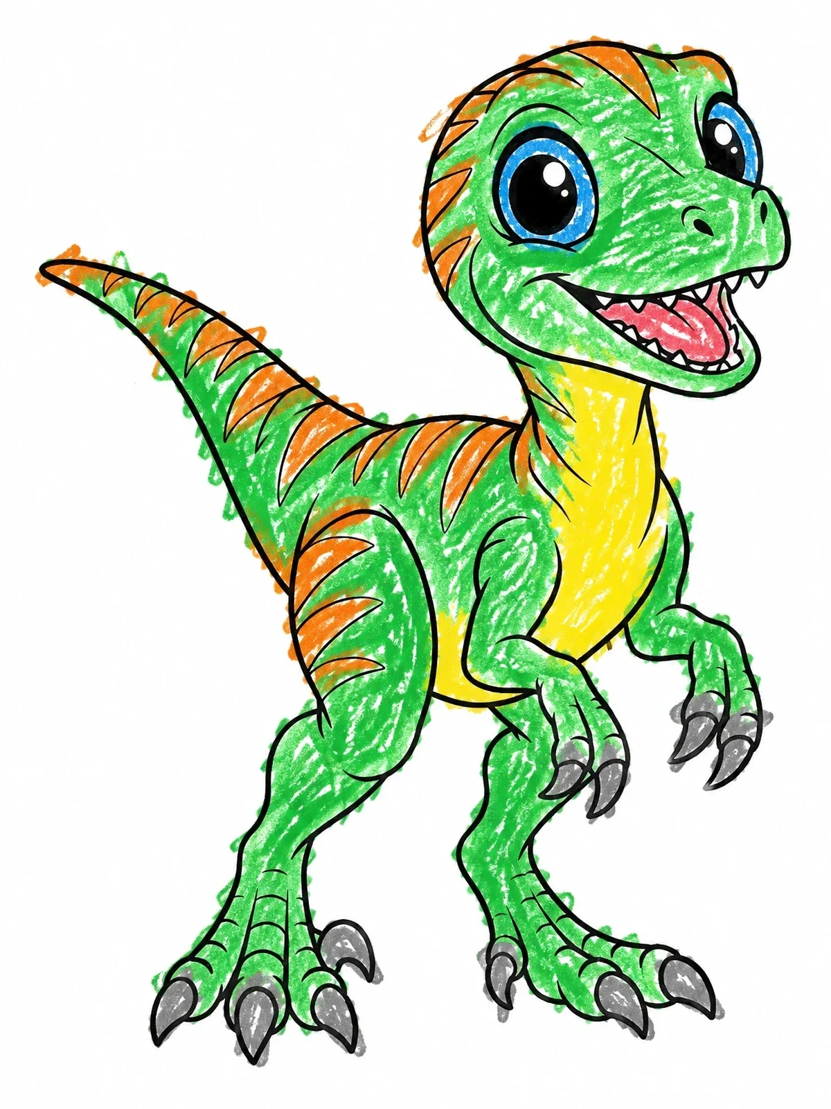 Colored example of the Cheerful Baby Velociraptor Dinosaur coloring page