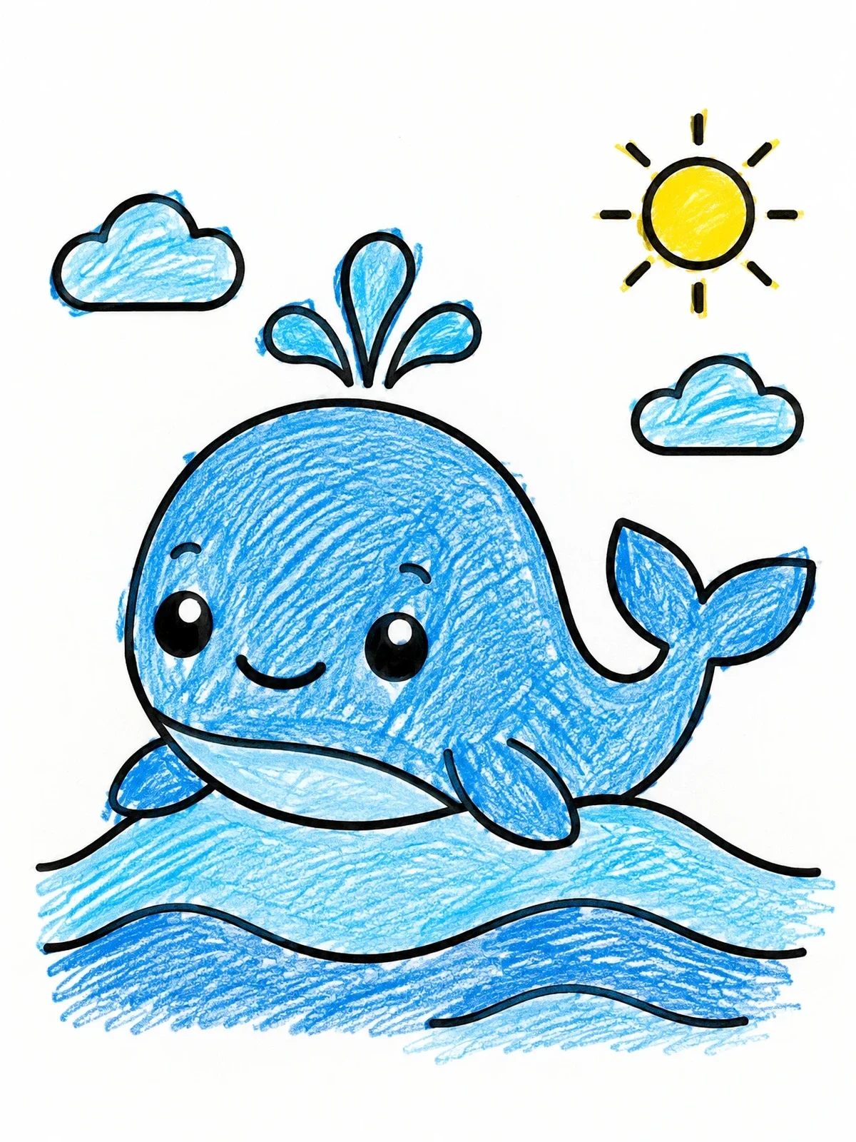 Colored example of the Cheerful Baby Whale In The Ocean coloring page