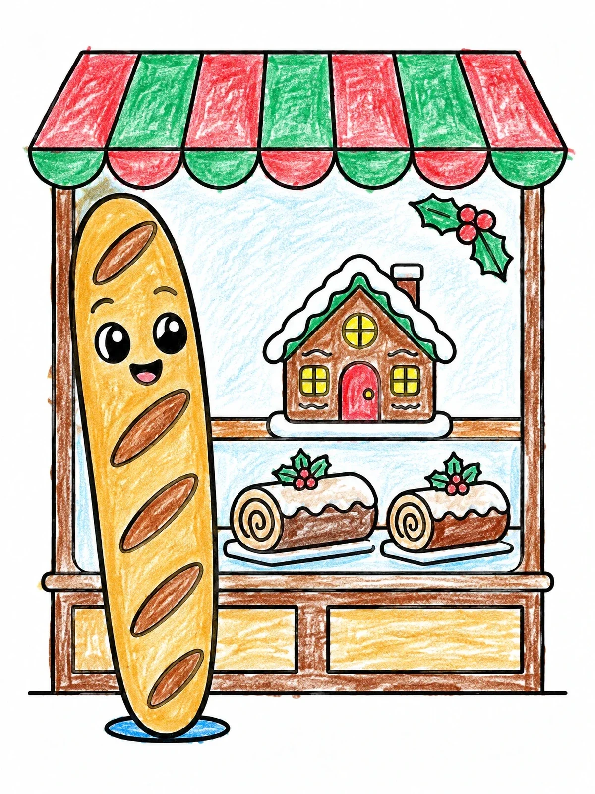 Colored example of the Cheerful Baguette At Holiday Bakery coloring page