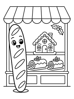 A friendly baguette character in this bakery coloring page alongside holiday treats.