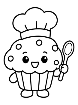 Free printable Cheerful Baker Muffin With Spoon coloring page