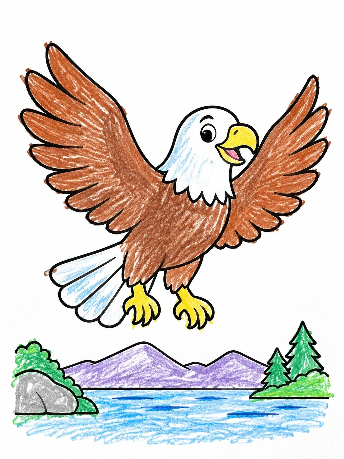 Colored example of the Cheerful Bald Eagle Soaring High coloring page