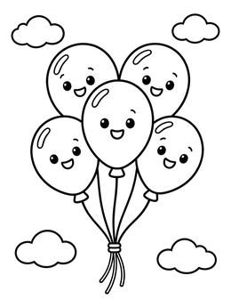 Five smiling party balloons float among clouds in this cute sky coloring page.