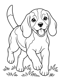 A cheerful puppy walks through grass in this beagle coloring page.