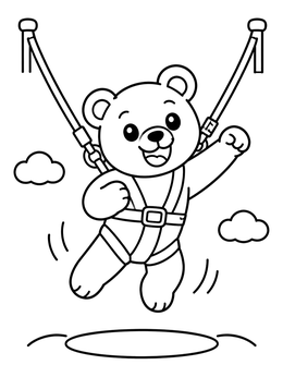 Free printable Cheerful Bear Bungee Trampoline Jump coloring page