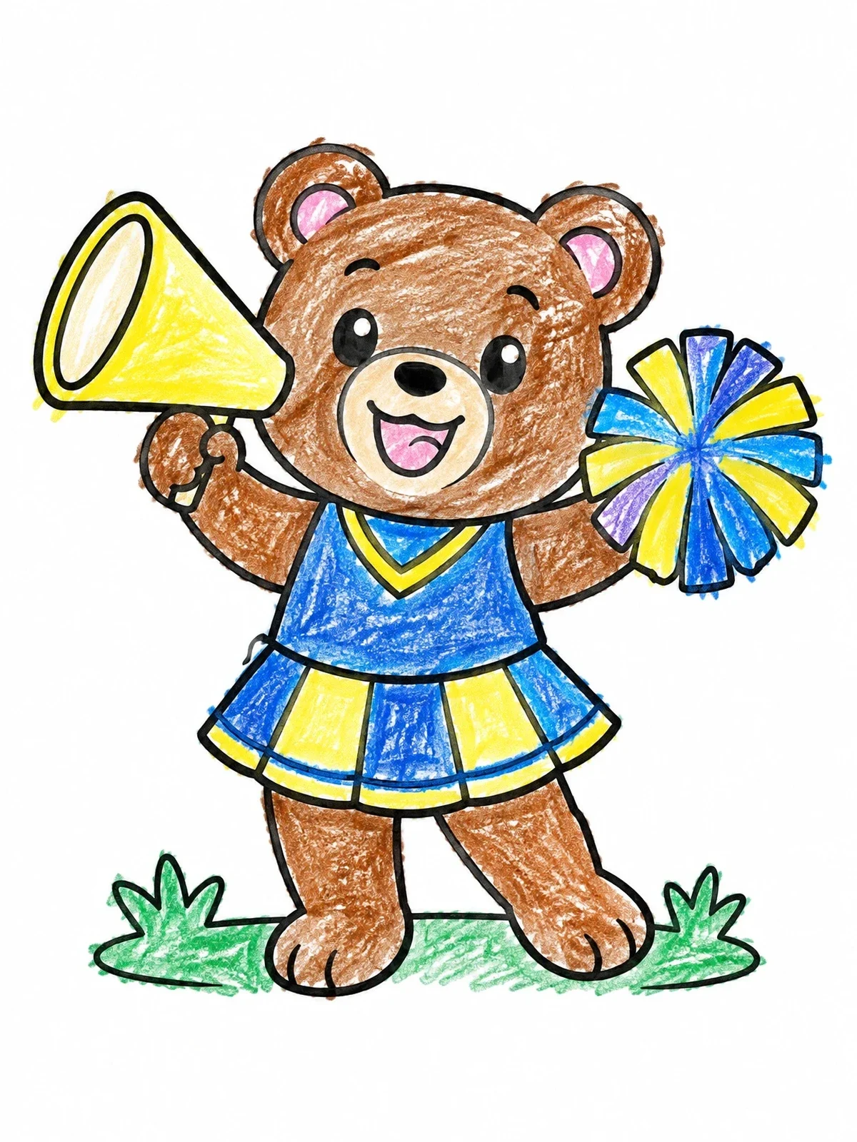 Colored example of the Cheerful Bear Mascot With Pom Pom coloring page