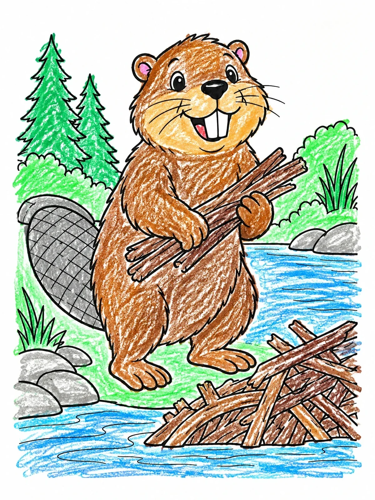 Colored example of the Cheerful Beaver Building A River Dam coloring page