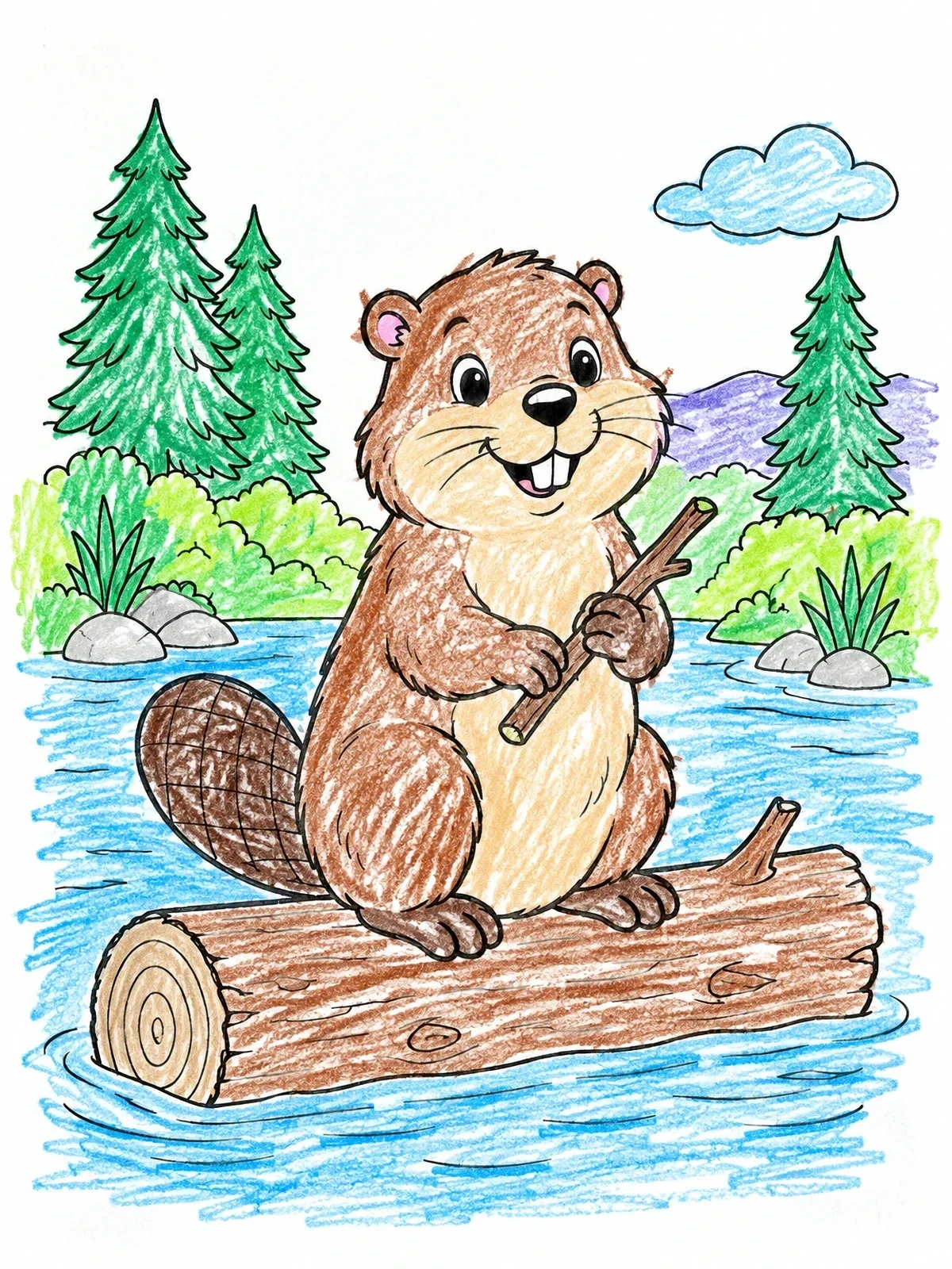 Colored example of the Cheerful Beaver On A Floating Log coloring page
