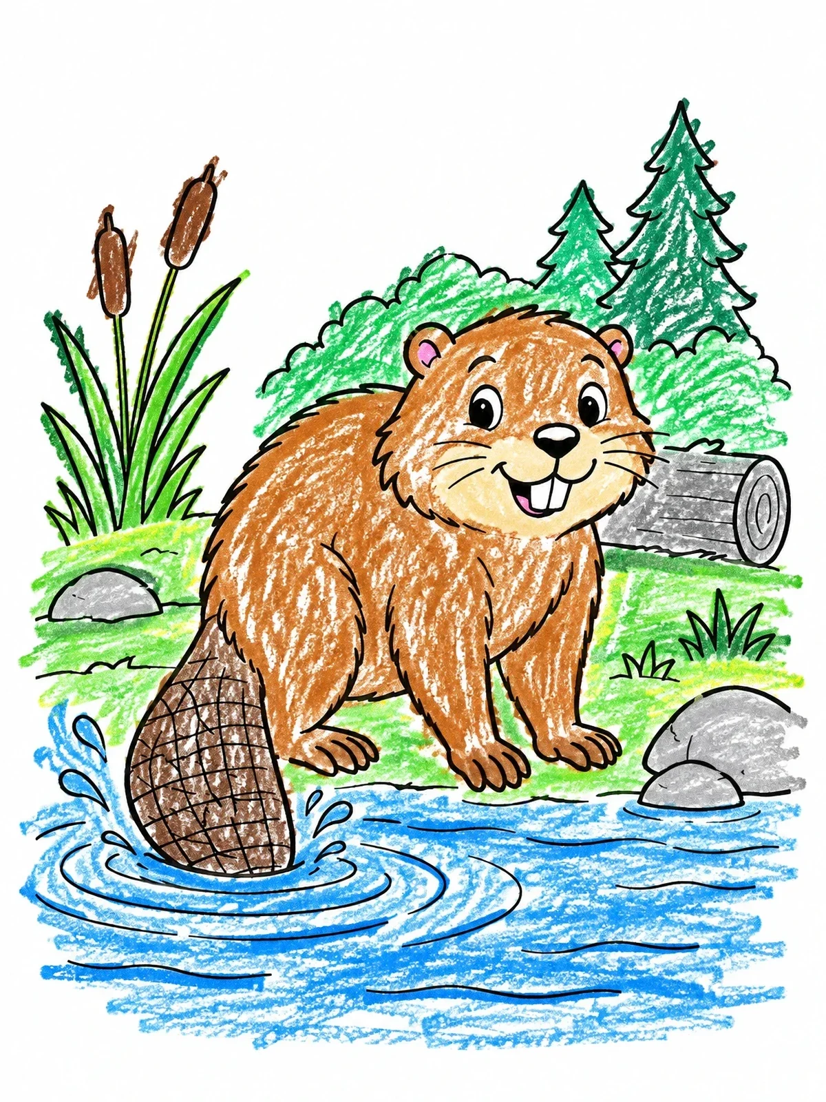 Colored example of the Cheerful Beaver Splashing Tail In River coloring page