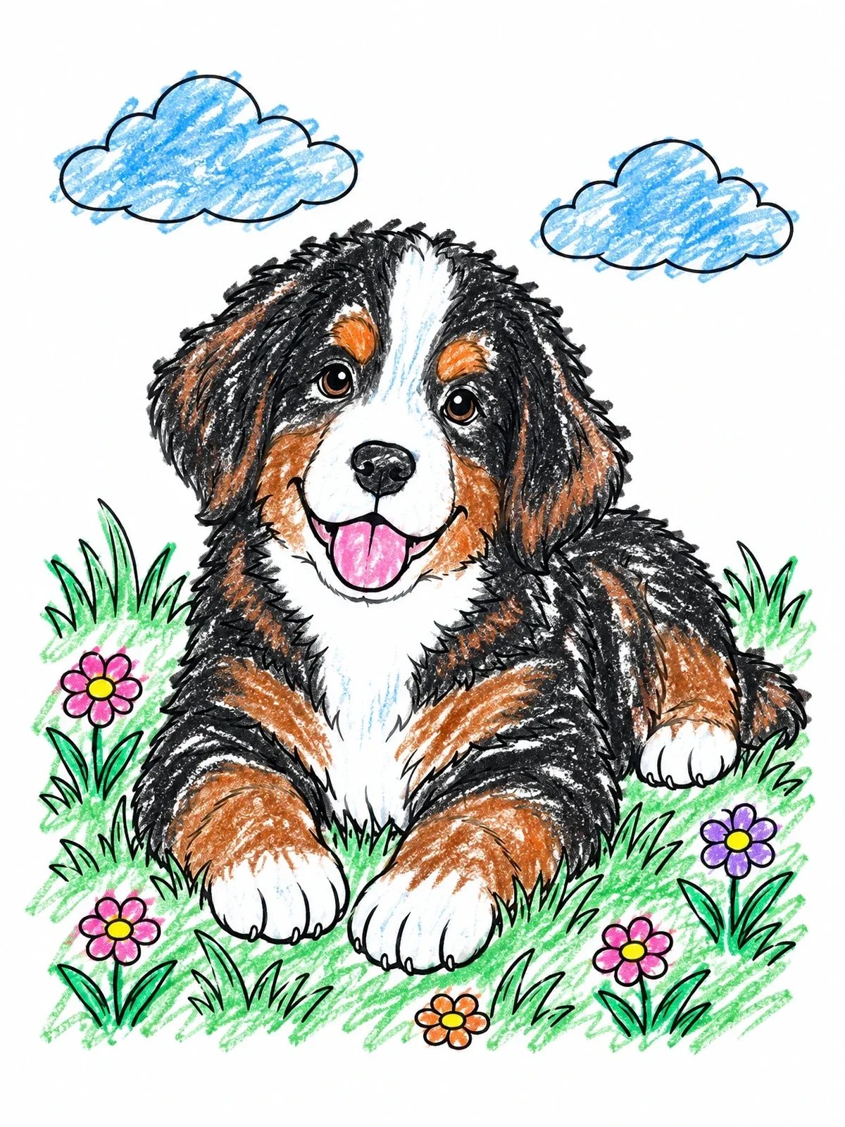 Colored example of the Cheerful Bernese Mountain Dog Puppy coloring page