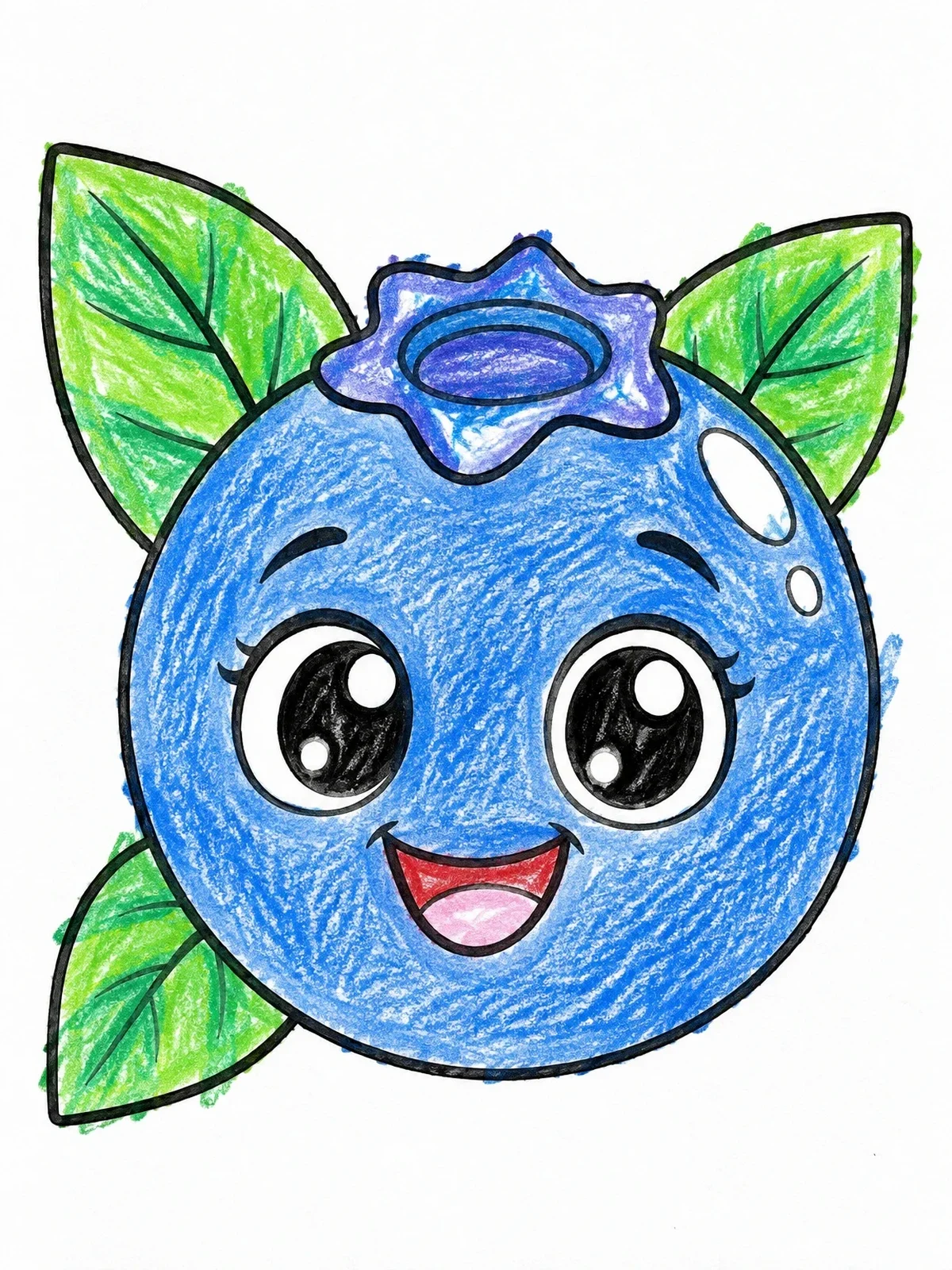 Colored example of the Cheerful Blueberry Character With Leaves coloring page