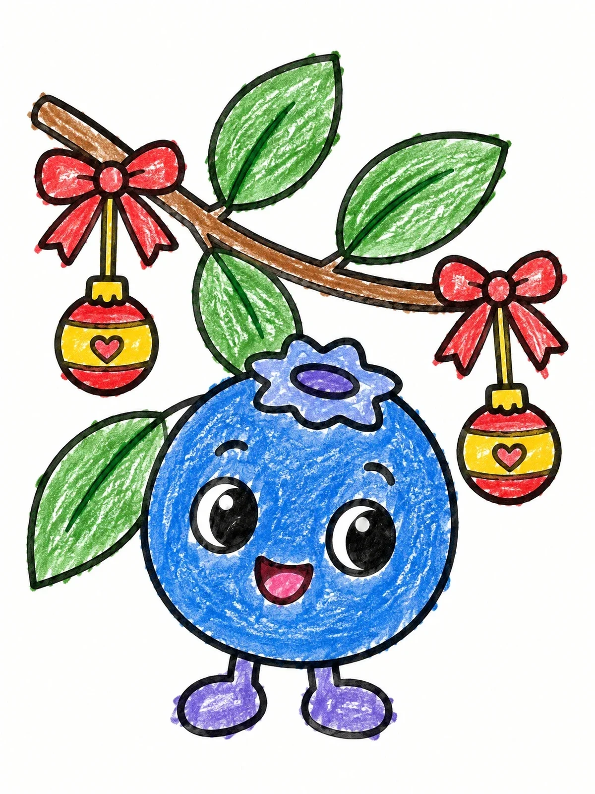 Colored example of the Cheerful Blueberry With Holiday Ornaments coloring page