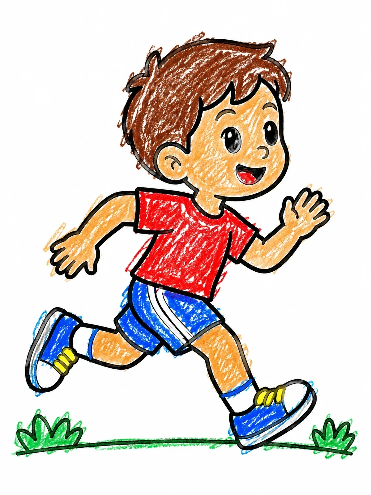 Colored example of the Cheerful Boy Running Outside coloring page