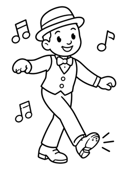 A smiling boy performs in this tap dance coloring page with floating notes.