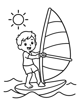 Free printable Cheerful Boy Windsurfing On The Water coloring page