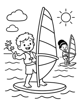 Free printable Cheerful Boy Windsurfing On The Water coloring page