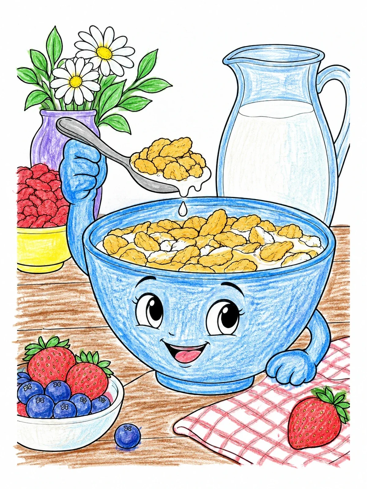 Colored example of the Cheerful Breakfast Cereal Bowl coloring page