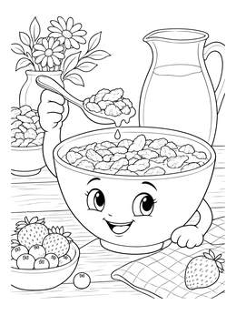 A cheerful cartoon bowl holding a spoon on this cereal coloring page surrounded by fruit and milk.