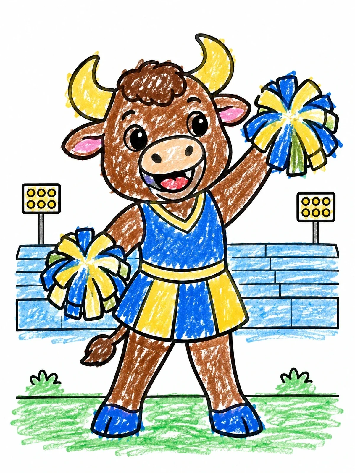 Colored example of the Cheerful Buffalo Cheerleader With Pompoms coloring page