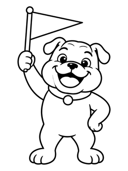 Free printable Cheerful Bulldog Mascot Holding A Flag coloring page