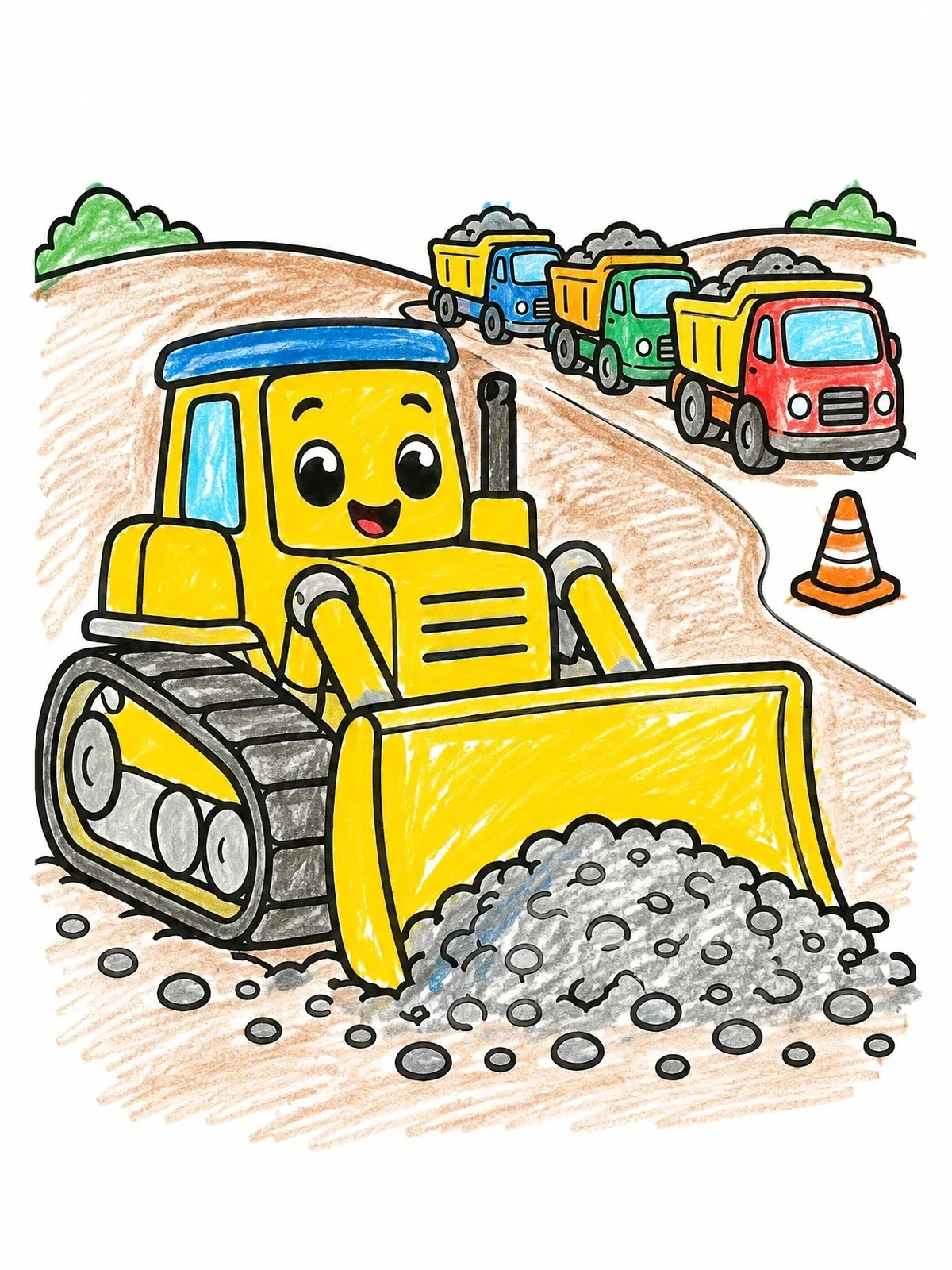 Colored example of the Cheerful Bulldozer Pushing Gravel coloring page