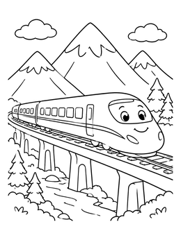 A friendly train coloring page showing a cute bullet train crossing a bridge against snowy mountains.