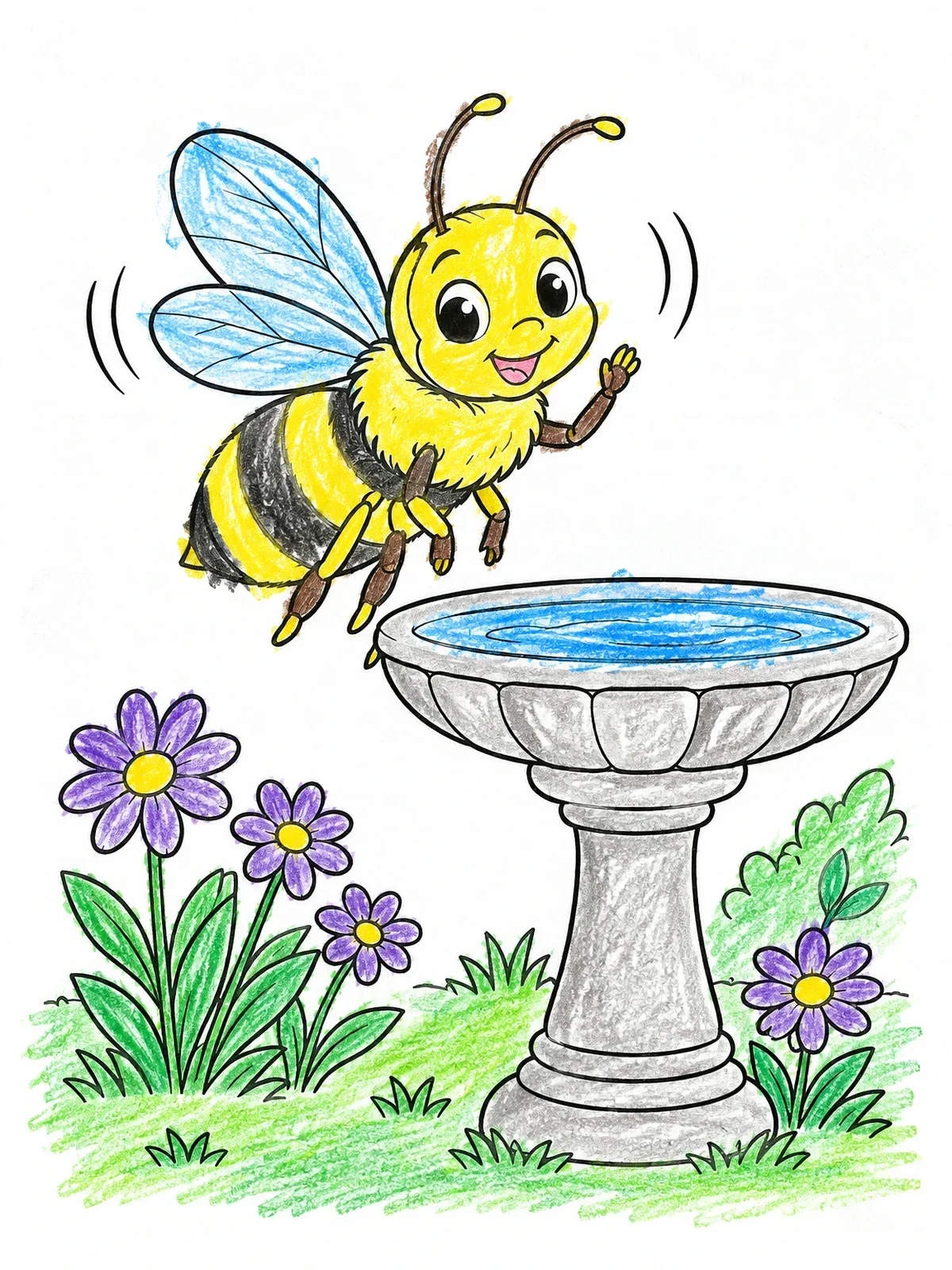 Colored example of the Cheerful Bumblebee By A Garden Birdbath coloring page
