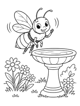 A friendly bee coloring page featuring a cartoon bumblebee waving near a birdbath and flowers.