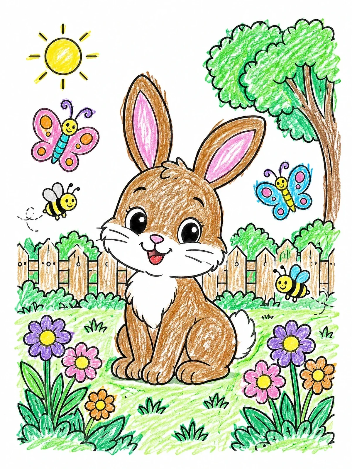 Colored example of the Cheerful Bunny In The Garden coloring page
