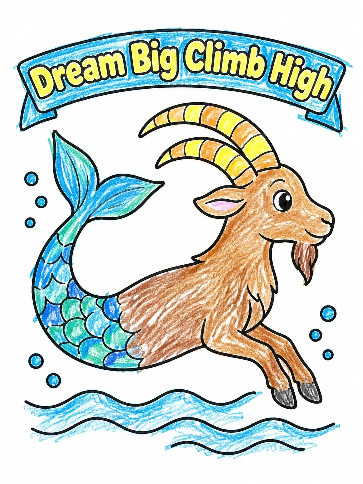 Colored example of the Cheerful Capricorn Sea Goat Swimming coloring page