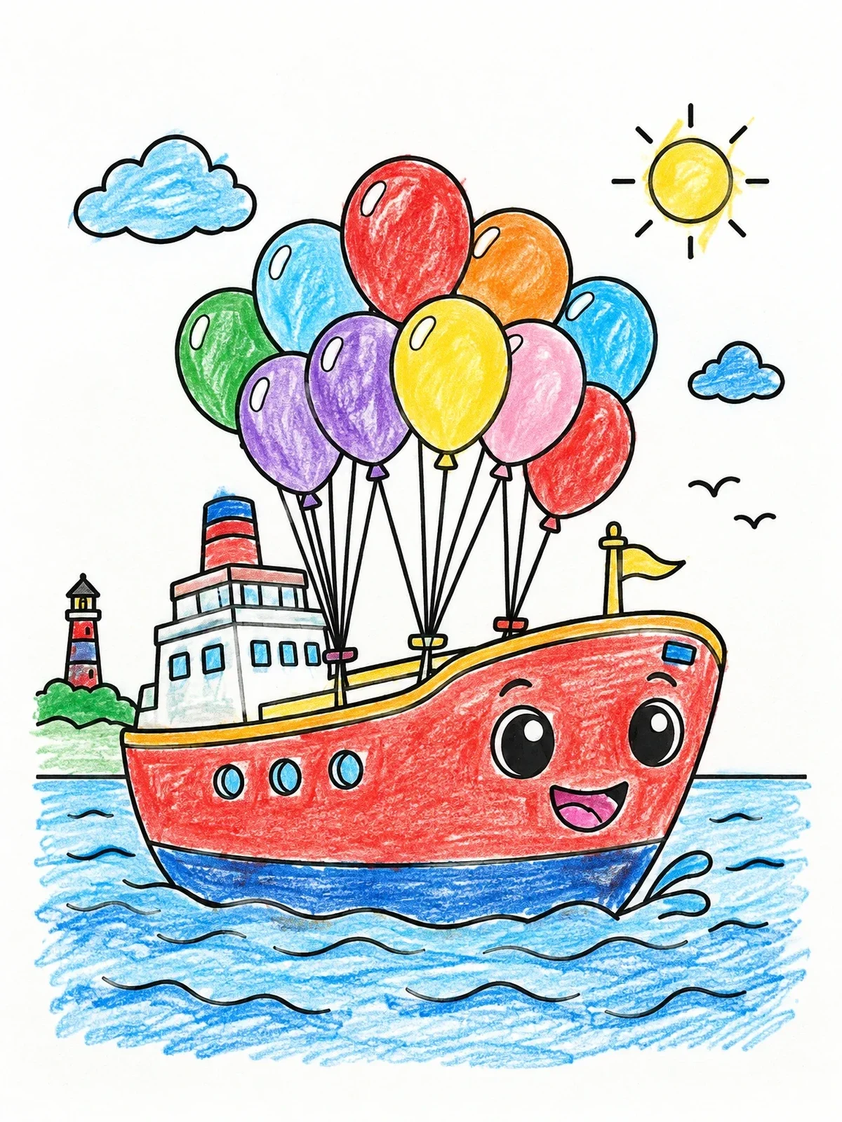 Colored example of the Cheerful Cargo Ship With Colorful Balloons coloring page