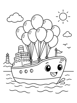 Free printable Cheerful Cargo Ship With Colorful Balloons coloring page