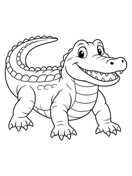 A friendly american alligator coloring page showing a smiling reptile on all fours.